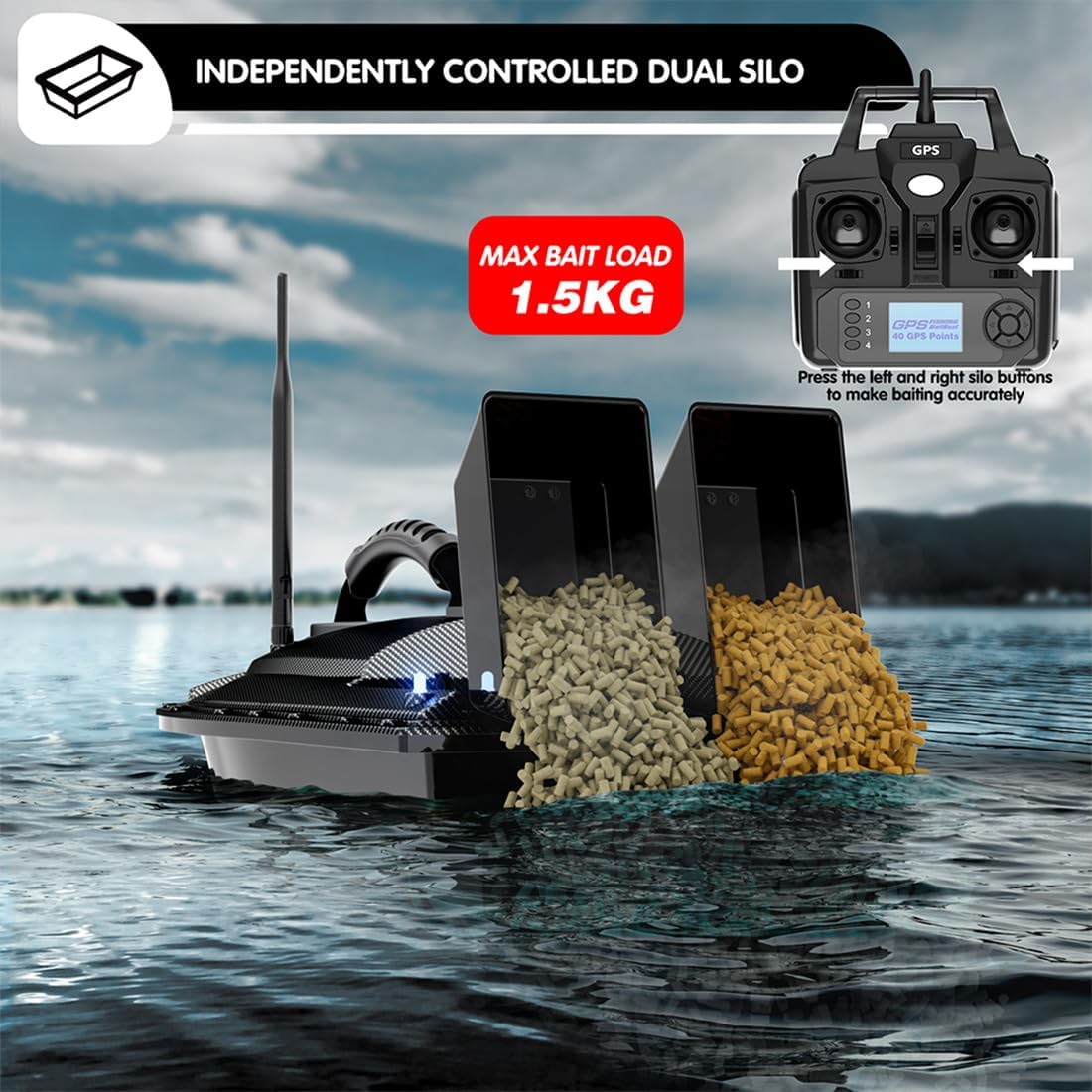 V070 RC Bait Boat for Fishing, 12000mAh 500M 1.5KG Capacity Dual-Hopper GPS Remo