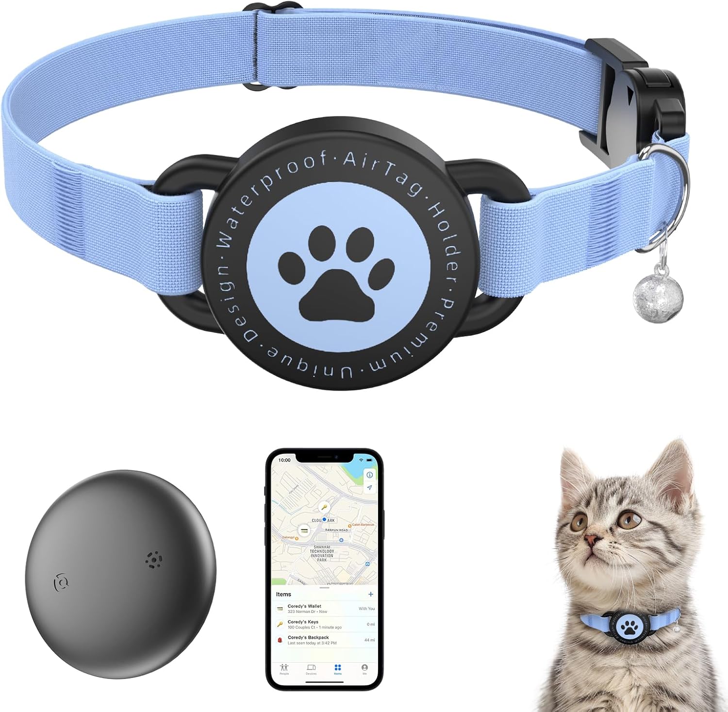 GPS Cat Tracker Collar(iOS & Android), Bluetooth Mini GPS Dog Tracker, Smart Pet