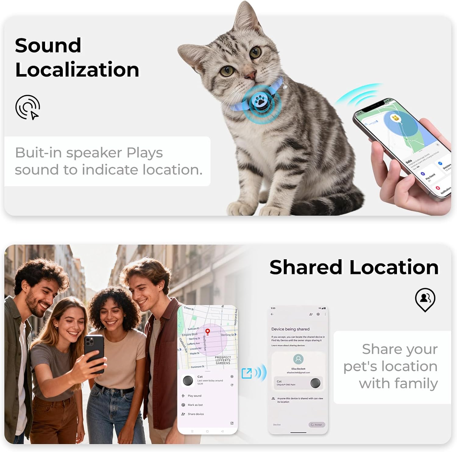 GPS Cat Tracker Collar(iOS & Android), Bluetooth Mini GPS Dog Tracker, Smart Pet